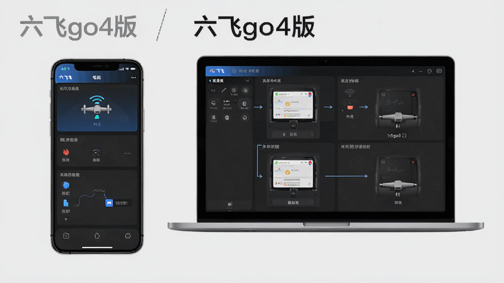 六飞go4版使用技巧图示,手机与电脑并排显示软件运行状态,背景为浅灰色,主体为操作步骤示意图,布局清晰,风格简洁,细节到位,画质干净,带有