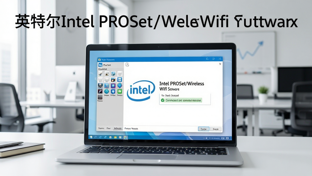 一张展示笔记本电脑使用英特尔Intel PROSet/无线Wifi软件连接无线网络的场景,屏幕中显示软件界面,网络连接成功提示,背景为现代办公环境,画质清晰,文字标注