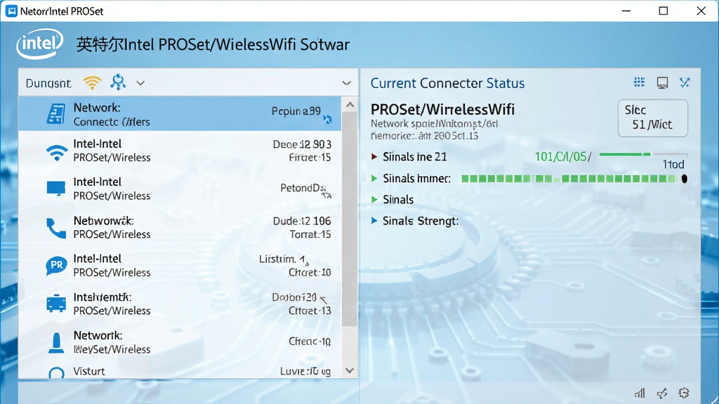 一张展示英特尔Intel PROSet/无线Wifi软件主界面的高清截图,界面简洁现代,左侧显示网络连接列表,右侧显示当前连接状态与信号强度,背景为浅蓝色科技风格,整体布局清晰,文字标注
