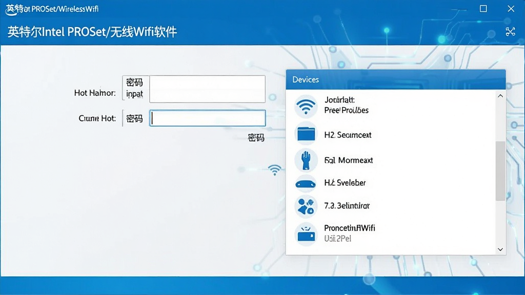 一张展示英特尔Intel PROSet/无线Wifi软件创建虚拟WiFi热点的设置界面,界面显示热点名称、密码输入框,以及已连接设备列表,背景为科技感浅色,文字标注
