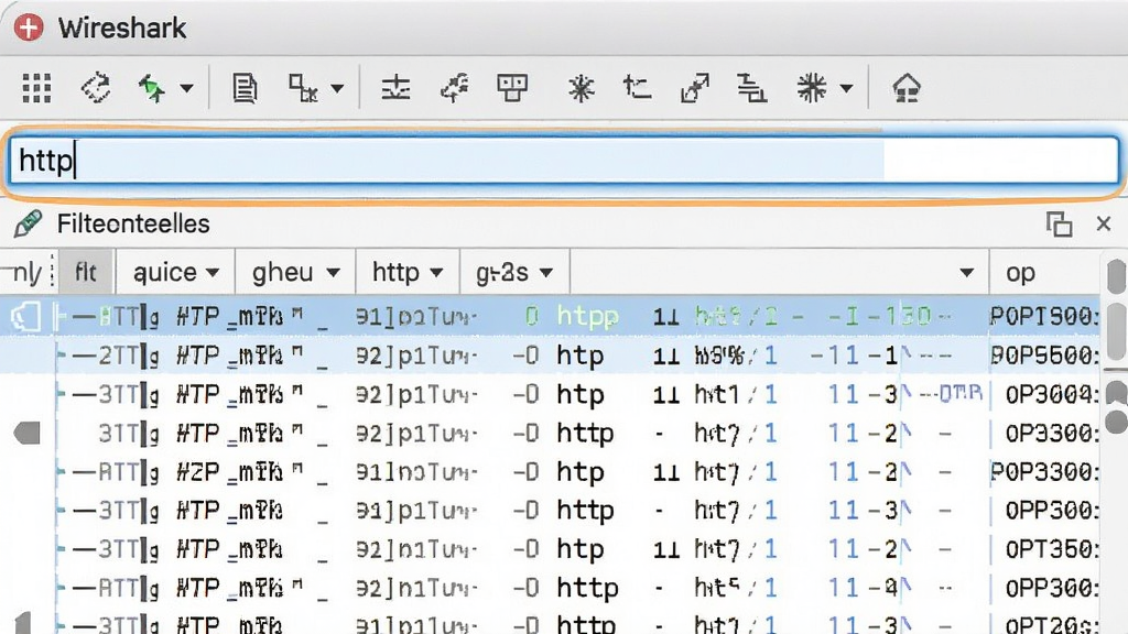 一张Wireshark应用截图,主体是主工具栏上的过滤器输入框,高亮显示“http”过滤表达式,下方数据包列表仅显示HTTP协议数据包。布局简洁,突出过滤功能,风格清晰明了,细节真实,画质干净,无多余元素。