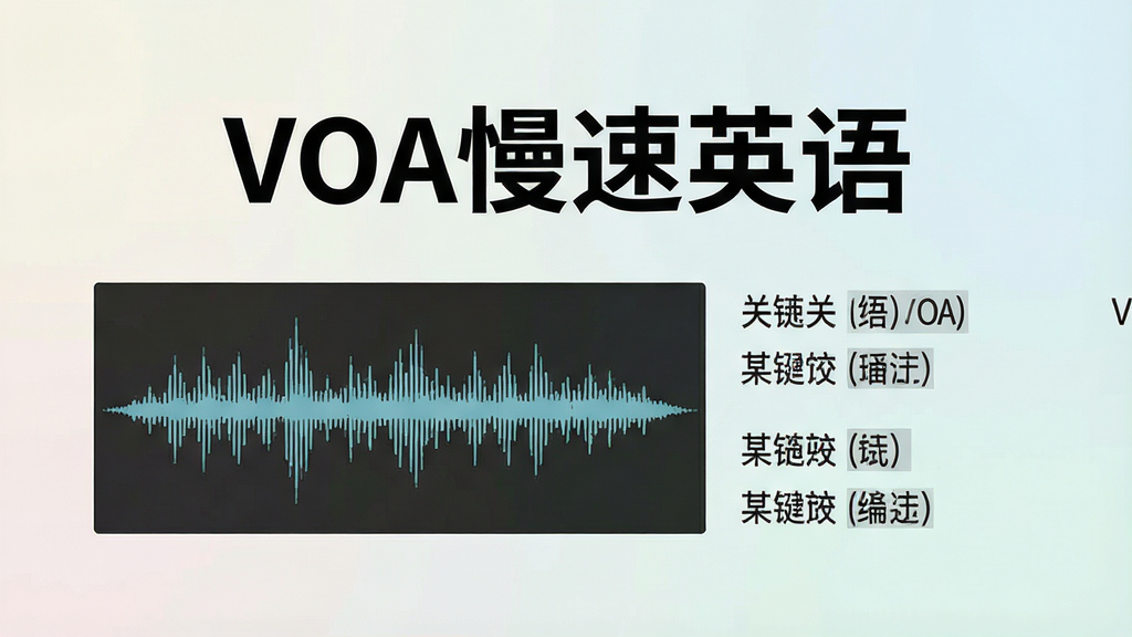 一幅展示VOA慢速英语新闻播放界面的图片,中心是新闻标题“VOA慢速英语”,下方有音频波形图,旁边配有文章关键词列表,背景淡雅,排版干净,画质高清,无多余元素
