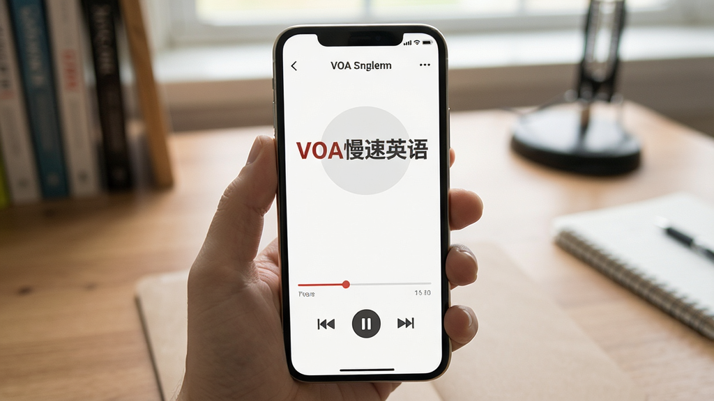 一幅展示VOA慢速英语在手机端使用的图片,屏幕中显示听力播放界面,有“VOA慢速英语”字样和播放进度条,背景是书桌,风格写实,画质清晰,无多余元素