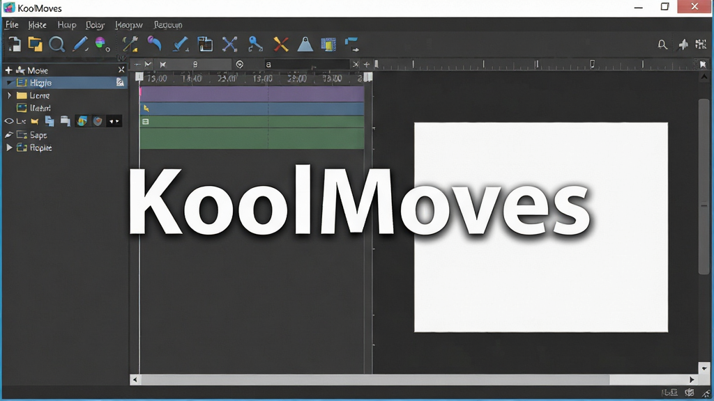 一幅展示KoolMoves软件主界面的高清数字插图,主体为软件界面,包含时间轴、工具栏和画布区域,布局清晰,排版专业,采用扁平化设计风格,细节丰富,画质干净,无多余元素,画面中央显示软件名称“KoolMoves”。