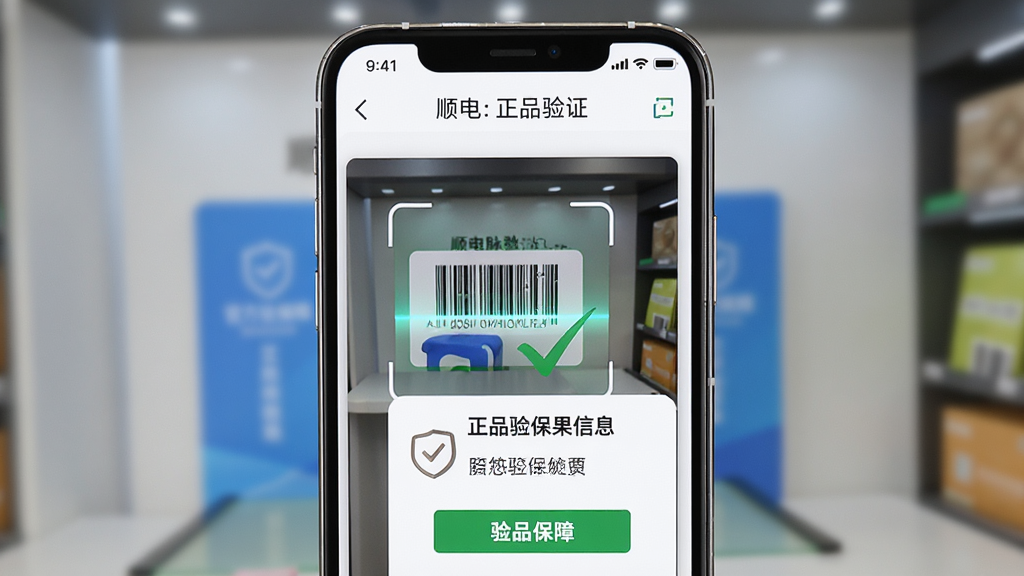 顺电脉正品验证功能演示图,主体为手机扫描商品条码的界面,屏幕中显示扫描框与验证结果页面,布局为中心构图,验证通过后显示绿色对勾与官方保修信息,排版简洁直观,风格清新安全,细节突出盾牌图标与“正品保障”字样,画质高清无多余元素