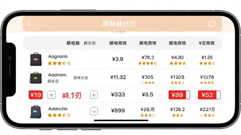 顺电脉比价功能界面截图,主体为手机横屏展示的比价结果页,布局采用表格形式,横向排列多个商城名称与对应价格,价格最低项以红色标签突出显示,排版清晰明了,风格简洁商务,细节包含商品缩略图与评分星级,画质干净无多余元素