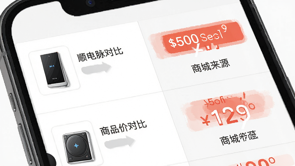 一张展示顺电脉APP核心功能的预览图,主体为手机屏幕界面特写,屏幕内清晰显示商品价格对比列表与优惠标签,布局采用左右分栏设计,左侧为商品图片与名称,右侧为价格与商城来源,排版整洁有序,风格偏向现代扁平化,细节上突出价格差异高亮显示,画质高清干净,无多余元素