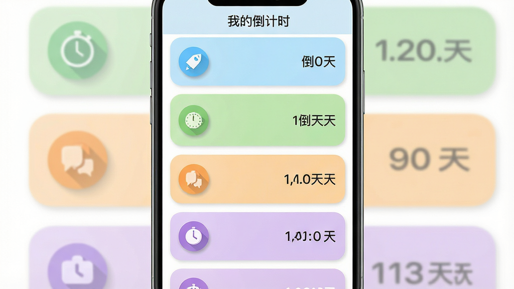主体为智能手机竖屏界面截图,界面以列表形式展示多个倒计时卡片,每个卡片左侧有不同颜色的圆形图标,右侧显示剩余天数。卡片背景色依次为浅蓝、浅绿、浅橙、浅紫,形成彩色列表。整体布局为上下滚动列表,排版整齐,风格为清爽的扁平UI,细节包括卡片圆角、图标阴影和顶部栏的“我的倒计时”标题。画质高清,干净无多余元素。
