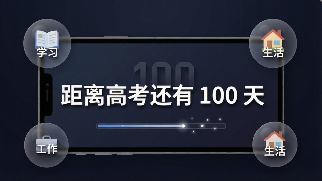 主体为手机横屏界面,背景是深色渐变,界面中央用超大白色字体显示“距离高考还有 100 天”,字体下方有细小的进度条。手机周围漂浮着几个半透明的圆形图标,分别代表“学习”、“工作”、“生活”场景。布局为居中对称,排版简洁,风格为扁平化插画,细节包括数字的阴影和进度条上的微小光点。画质高清,干净无多余元素。