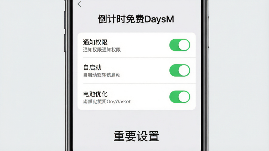 主体为一部手机竖屏界面,屏幕显示“倒计时免费DaysM”设置页面,包含“通知权限”、“自启动”、“电池优化”等选项,每个选项右侧有开关按钮。手机下方有一行文字“重要设置”。背景为浅灰色,布局为居中,排版清晰,风格为扁平化UI,细节包括开关的绿色状态和文字说明。画质高清,干净无多余元素。