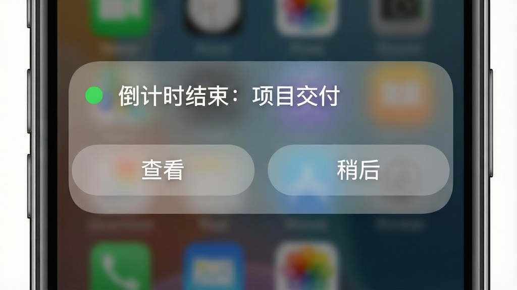 主体为手机通知栏下拉界面,顶部显示一条醒目的提醒横幅,内容为“倒计时结束:项目交付”,横幅下方有“查看”和“稍后”两个按钮。背景为模糊的桌面壁纸,整体布局为上下结构,排版干净,风格为写实手机截图风格,细节包括通知图标的绿色小圆点和按钮的圆角设计。画质高清,干净无多余元素。