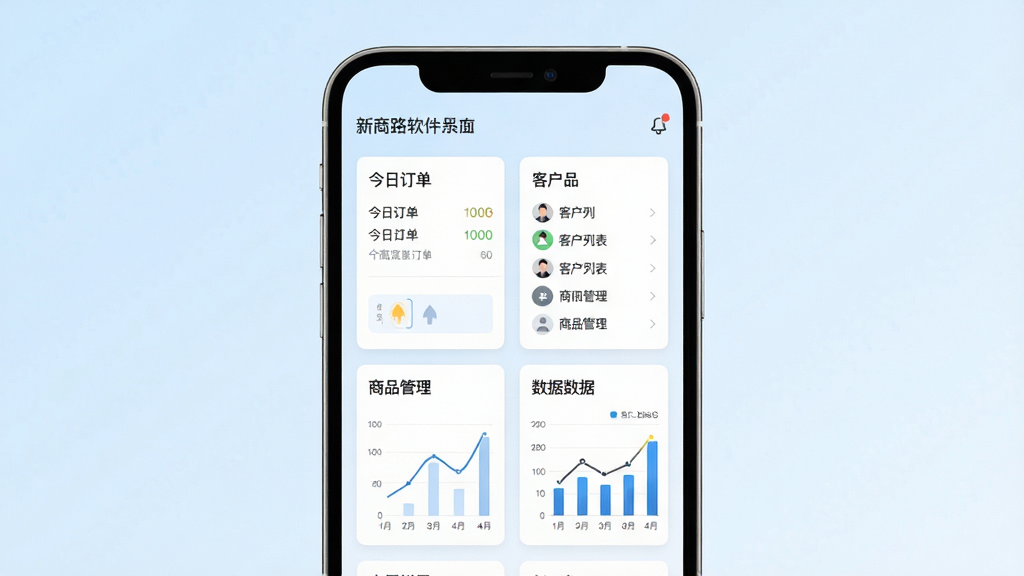 一幅展示新商路软件主界面的高清截图,界面简洁明亮,包含今日订单、客户列表、商品管理、数据图表四个核心功能卡片,背景为淡蓝色渐变,手机屏幕居中,四周留白,风格现代商务,画质清晰干净,无多余元素