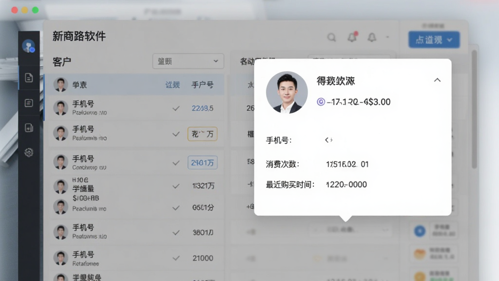 新商路软件客户管理界面预览图,左侧显示客户列表,右侧弹出客户详情卡片,包含头像、手机号、消费次数、最近购买时间,卡片式布局,浅灰背景,干净商务风格,画质清晰