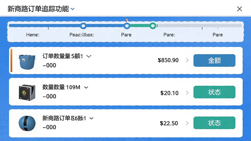 新商路订单追踪功能截图,屏幕上方展示订单状态进度条,下方列出三笔示例订单,每笔订单显示商品缩略图、数量、金额和状态按钮,整体排版整齐,蓝色主题色,画质干净