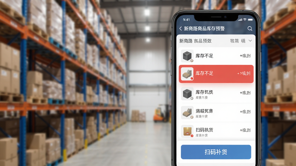 新商路商品库存预警界面,背景为仓库货架模糊图,前景是手机屏幕,屏幕内显示库存列表,其中一款商品标红“库存不足”,下方有“扫码补货”按钮,整体风格写实与UI结合,画质清晰