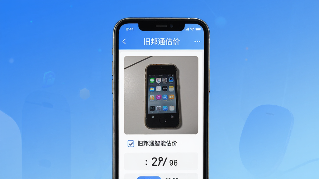 展示旧邦通智能估价功能界面的高清图片,主体为手机屏幕显示“旧邦通估价”页面,有旧手机照片与价格数字,背景为简洁的渐变蓝色,布局居中,排版简洁,风格科技感,细节清晰,画质高,干净无多余元素