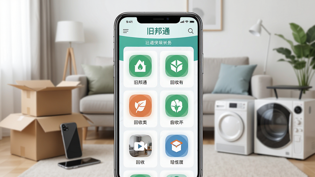 一幅展示旧邦通APP界面与回收服务场景的现代化高清图片,主体为手机屏幕上的应用主页,包含“旧邦通”字样与各类回收品类图标,背景为整洁明亮的客厅,有纸箱、旧手机、旧家电等物品摆放,布局居中,排版清晰,风格写实,细节丰富,画质细腻,干净无多余元素