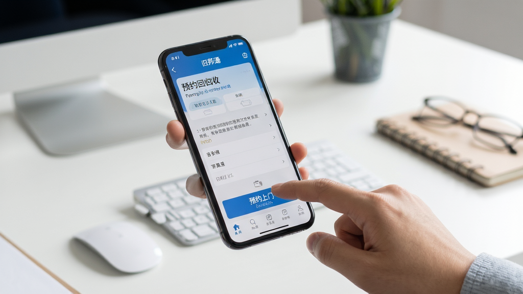 展示用户正在使用旧邦通APP预约回收的实拍场景,主体为一只手拿着手机点击“预约上门”按钮,背景为简约办公桌,布局特写,排版清晰,风格写实,细节精致,画质高清,干净无多余元素