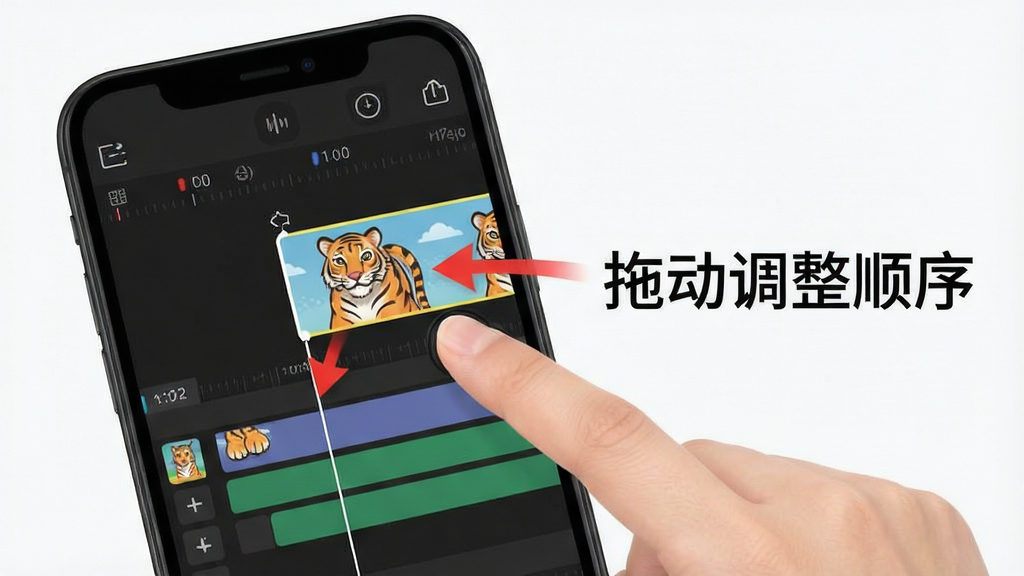 主体:剪辑虎操作教程示意图,手机屏幕显示剪辑时间线,手指正在拖动片段,旁边有文字“拖动调整顺序”,布局直观,排版清晰,风格教学,细节有红色箭头指示,画质干净,无多余元素