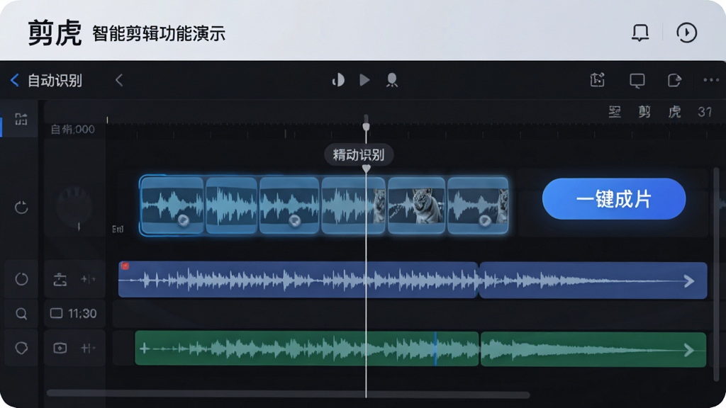 主体:剪辑虎智能剪辑功能演示,界面展示自动识别出的精彩片段标记,时间线上有高亮区域,旁边有“一键成片”按钮,布局简洁明了,排版专业,风格科技感,细节包括波形图与剪辑轨道,画质清晰,干净无多余元素