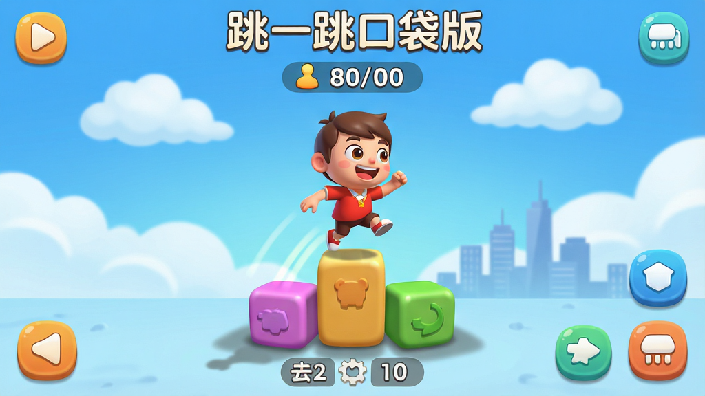 主体:跳一跳口袋版游戏主界面,一个Q版小人站在彩色方块上准备跳跃,背景是蓝天白云和远方的城市轮廓。布局:界面中央为游戏区域,上方显示当前分数,下方为操作提示。排版:简洁清晰,功能按钮位于屏幕边缘。风格:卡通渲染,色彩明快,光影柔和。细节:小人表情活泼,方块边缘有圆角处理,地面有淡淡阴影。画质:高清,干净,无多余元素。文字:“跳一跳口袋版”字样置于顶部。