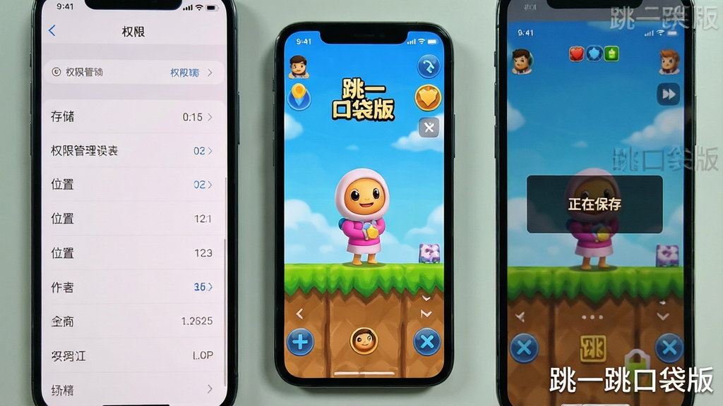 主体:玩家手机屏幕显示跳一跳口袋版游戏运行中,旁边有手机设置界面,展示权限管理选项。布局:手机位于画面中央,左侧为权限设置列表,右侧为游戏画面。排版:清晰对比,突出安全提示。风格:简洁写实。细节:权限列表中有“存储”、“位置”等选项,游戏画面中有“正在保存”提示。画质:高清,干净,无多余元素。文字:“跳一跳口袋版”作为水印。