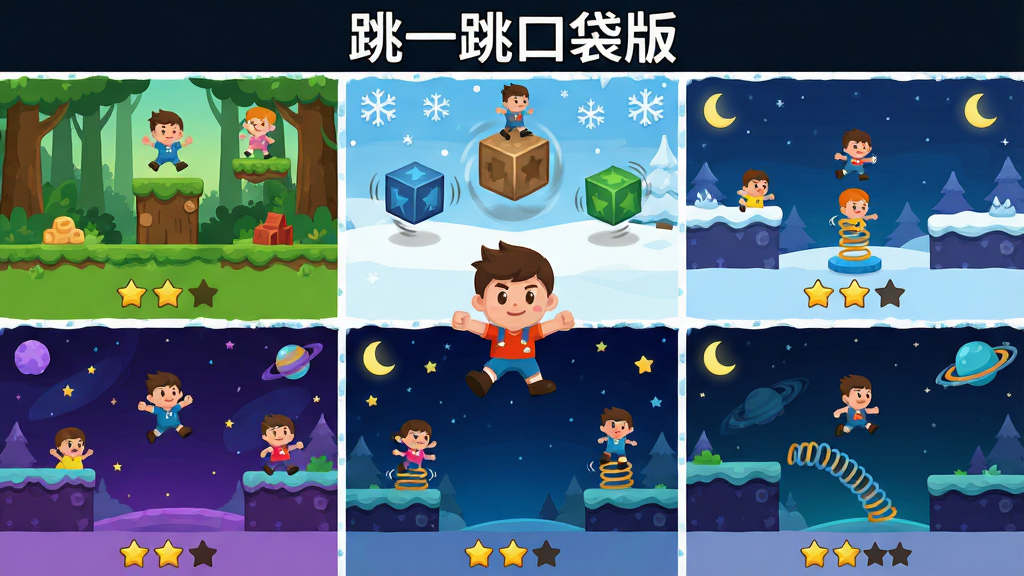 主体:跳一跳口袋版中的多个不同难度关卡场景,包括移动平台、旋转方块、弹簧跳板等,角色在不同场景中跳跃。布局:以网格形式排列多个关卡截图,中心为当前角色。排版:整齐排列,每个关卡下方有难度星级。风格:扁平化卡通风格,色彩鲜艳。细节:每个关卡有不同主题色,如森林、雪地、星空等。画质:高清,干净,无多余元素。文字:“跳一跳口袋版”作为标题置于顶部。