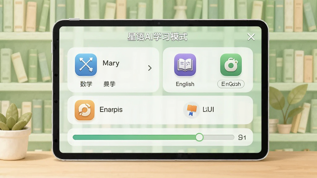 星语AI学习模式界面,屏幕展示课程列表与学习进度条,包含数学、英语等科目图标,背景为浅绿色书架图案,整体风格温馨舒适,画质清晰干净