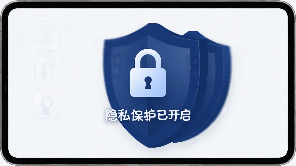 星语AI隐私保护界面,屏幕展示加密锁图标与“隐私保护已开启”文字,背景为深蓝色盾牌图案,整体风格稳重可靠,画质干净无多余元素