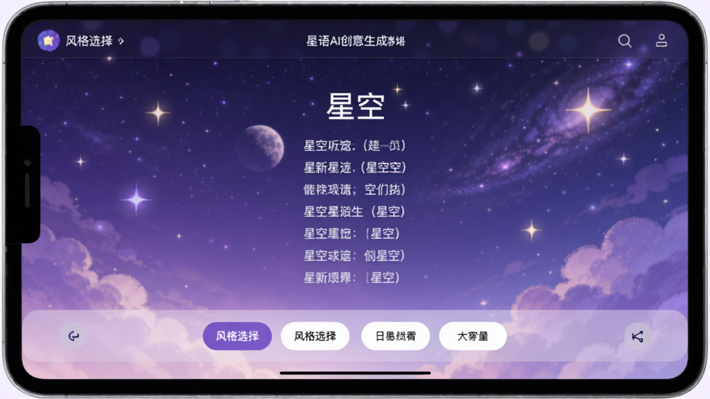 星语AI创意生成界面,屏幕显示一首以“星空”为主题的诗歌,下方有风格选择按钮,背景为紫色渐变与星光点缀,整体风格梦幻浪漫,画质高清无杂物