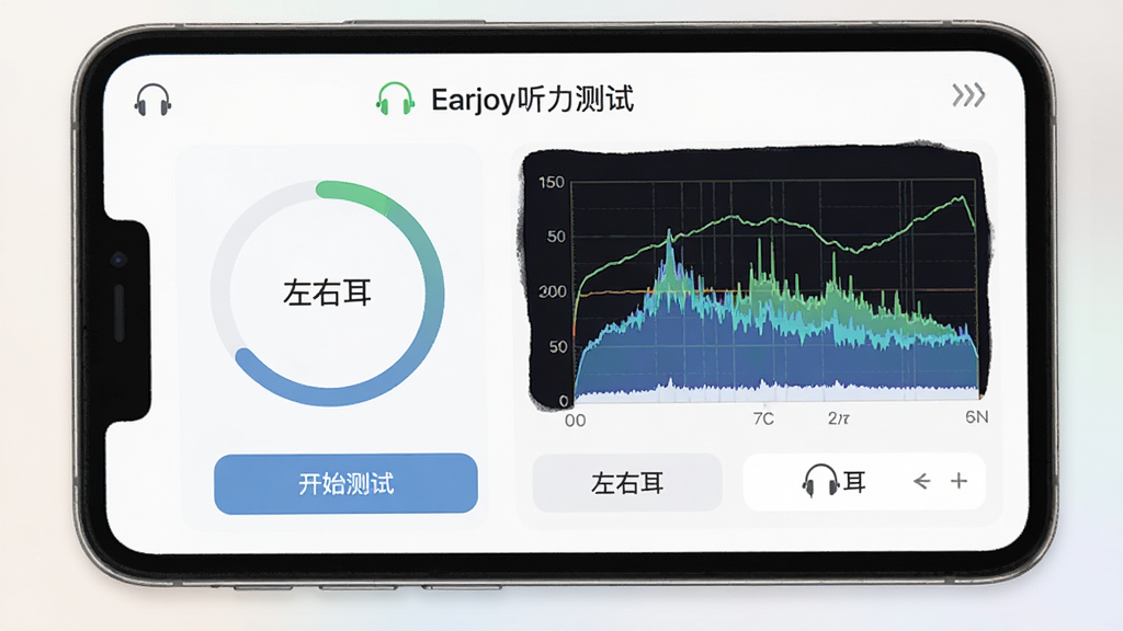 展示Earjoy进行听力测试的界面截图,主体为手机屏幕上的频率响应曲线与左右耳独立测试按钮,布局为左右分栏,左侧是测试进度圆环,右侧是实时频谱图,风格清新简洁,细节包括“开始测试”按钮与耳机连接状态图标,文字标注“Earjoy听力测试”,画质细腻柔和,干净无多余元素