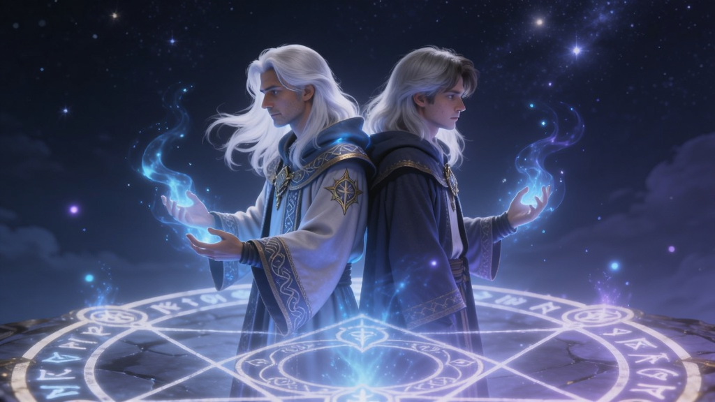 主体:一位白发飘逸的法师英灵,周身环绕着蓝色奥术能量,与主角背靠背站立,两人脚下是巨大的召唤法阵。布局:采用对称构图,主角与英灵分居画面左右,法阵位于画面底部中央,上方是深邃的星空背景。排版:画面垂直居中,人物与法阵形成稳定的三角形结构,突出神圣与强大。风格:唯美幻想风,光影柔和,蓝紫色调为主,充满神秘感。细节:法阵上流转的符文、法师袍上的刺绣纹样、空气中漂浮的魔力光点、两人身上散发的微光。画质:高分辨率,柔光效果,画面干净通透,无多余元素。