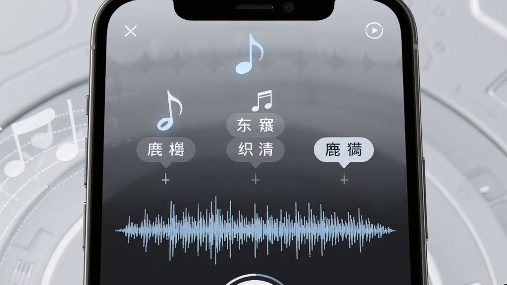 小鹿听声声音识别功能特写,手机屏幕展示正在识别的音频波形,波形上方浮现音符和文字标签,背景为浅灰色科技感场景,突出识别速度快、结果精准的特点,构图中心对称,风格写实,细节丰富,画质高清,干净无多余元素