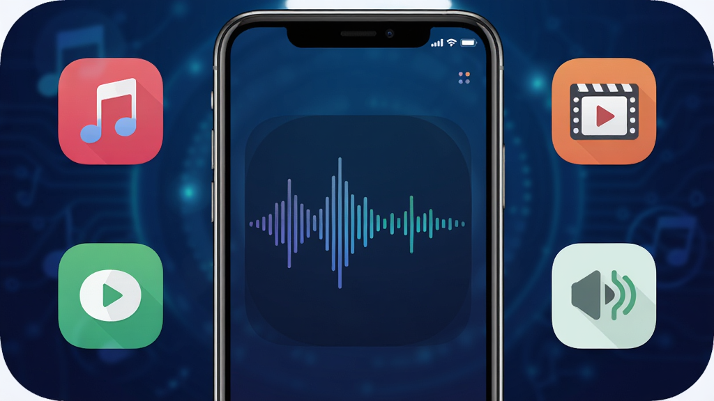 小鹿听声软件主界面展示,手机屏幕中央显示声音波形识别动画,周围环绕音乐、影视、环境音等图标,背景为深蓝色科技感渐变,界面布局简洁现代,图标圆润清晰,风格扁平化,细节丰富,画质高清,干净无多余元素