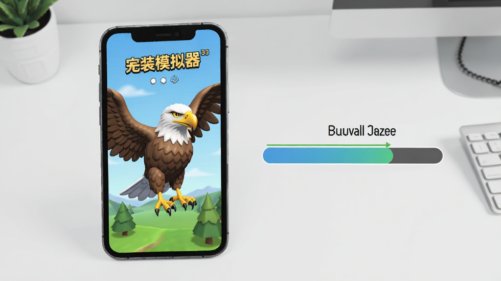 老鹰游戏3D老鹰模拟器安装教程示意图,手机屏幕显示游戏主界面,旁边有下载进度条,背景为简洁桌面,风格清爽,画质干净,无多余元素,主体为手机与安装过程