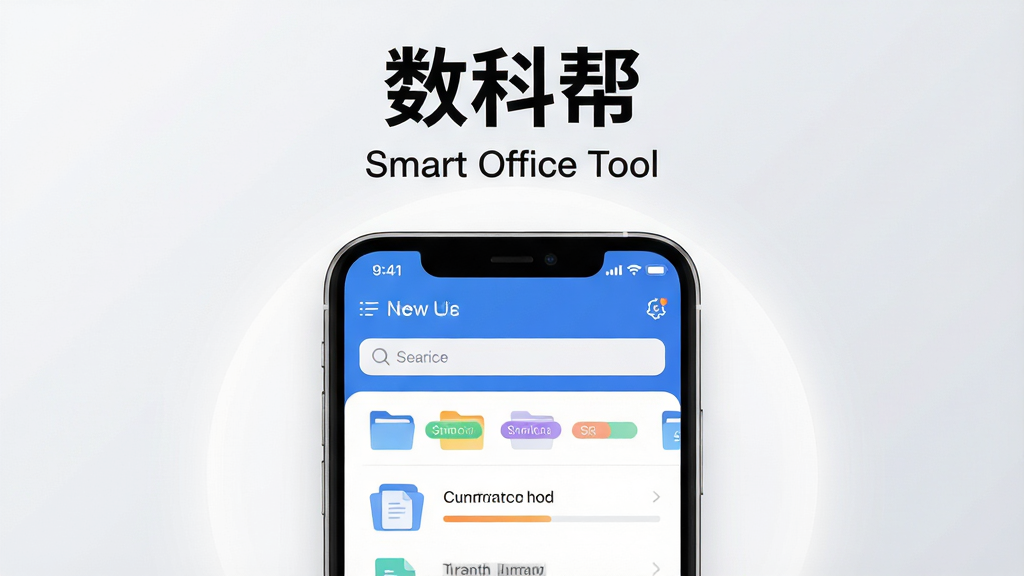 主体:一款名为“数科帮”的智能手机应用界面,屏幕中央显示整洁的文件分类管理界面,有彩色标签和搜索栏。布局:手机位于画面中心偏下,背景为干净的浅灰色渐变,手机四周有细微的白色光晕。排版:主标题“数科帮”以黑色粗体字置于画面上方1/3处,下方是简洁的英文副标题“Smart Office Tool”。风格:扁平化设计结合极简主义,整体色调以蓝白为主,强调清爽与专业。细节:手机界面中可见文件夹图标、文档缩略图、进度条等元素,屏幕顶部状态栏显示时间与信号。画质:8K超高清,光线柔和,细节丰富,干净无多余元素。