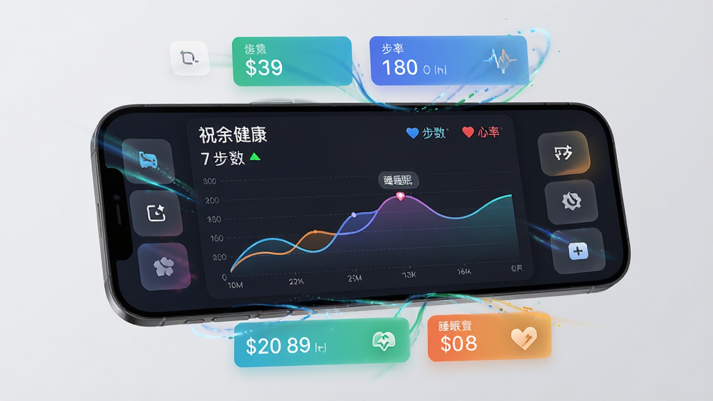 主体:手机屏幕显示祝余健康数据图表,包含步数、心率、睡眠曲线;布局:图表居中,四周环绕功能按钮;排版:数据卡片横向排列,颜色区分;风格:现代简约,科技感;细节:图表带有动态效果,背景为浅灰色;画质:高清,干净无多余元素