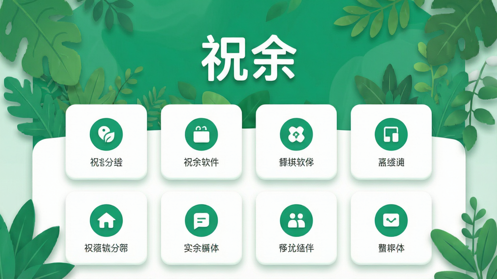 主体:祝余软件主界面,展示绿色植物元素与简洁功能卡片;布局:居中构图,上方为软件名称“祝余”字样,下方为功能图标;排版:卡片式布局,留白充足;风格:清新自然,扁平化设计;细节:界面带有柔和阴影,图标圆润,主色调为翠绿色与白色;画质:高清渲染,干净无多余元素