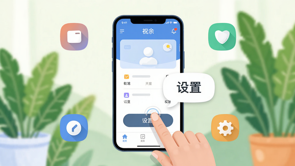 主体:手机操作祝余应用,手指点击界面按钮,旁边有对话气泡显示“设置”选项;布局:手机居中,周围有功能图标;排版:简洁,突出操作手势;风格:插画风,明亮色调;细节:手机屏幕显示应用主界面,背景有绿色植物;画质:高清,干净无多余元素
