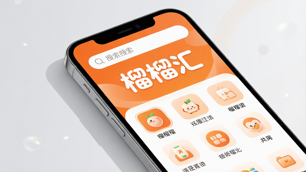 画面主体为一部智能手机屏幕特写,屏幕中央显示“榴榴汇”APP的首页界面,界面布局清晰,上方为搜索栏,下方为功能图标网格,整体风格现代简约,以橙色和白色为主色调。背景为柔和的渐变浅灰色,手机微微倾斜,带有立体投影。排版上突出APP名称“榴榴汇”,字体圆润可爱。整体画质高清,光线明亮,干净无多余元素,聚焦于APP界面展示。
