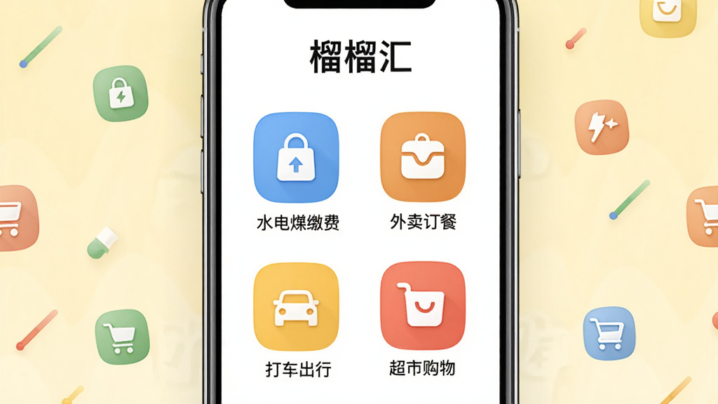 画面主体为一部手机,屏幕显示“榴榴汇”的服务聚合页面,包含水电煤缴费、外卖订餐、打车出行、超市购物等图标,每个图标下方有对应文字。背景为淡黄色,手机居中,周围有分散的小图标装饰。排版整齐,风格简约商务,色彩清新。画质高清,干净无杂物,突出“榴榴汇”品牌。