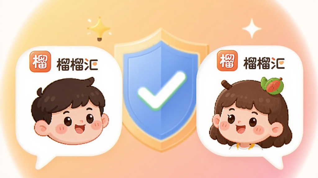 画面主体为两个卡通人物头像对话气泡,气泡内显示“榴榴汇”的社交图标,背景为柔和的圆形渐变,带有盾牌与对勾符号,象征安全认证。布局中央对称,排版简洁,风格可爱亲切,色彩温暖明亮。画质干净,无多余元素,突出“榴榴汇”品牌名称。