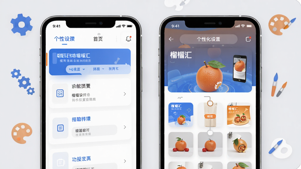 画面主体为手机界面展示个性化设置,左侧为功能模块列表,右侧为预览窗口,窗口中“榴榴汇”主页可自由拖拽排序。背景为浅灰色,带有齿轮与调色板图标。布局左右分明,排版清晰,风格科技感,蓝橙配色。画质精细,无多余元素。