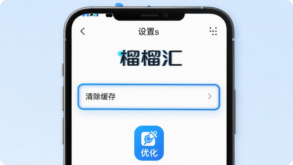 画面主体为一部智能手机,屏幕显示“榴榴汇”的“设置”页面,其中有“清除缓存”选项被高亮框选中。背景为浅蓝色,手机下方有“优化”图标。布局简洁,排版清晰,风格科技感,以蓝白为主色。画质干净,无多余元素,突出“榴榴汇”名称。