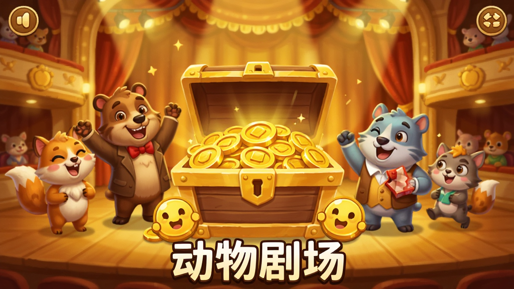 横版游戏界面,展示《动物剧场》的离线收益结算画面,画面中央有装满金币的宝箱,周围有动物角色欢呼,背景是剧场内部,色彩金黄温暖,卡通风格,细节丰富,画质高,干净无多余元素,图片下方有“动物剧场”字样