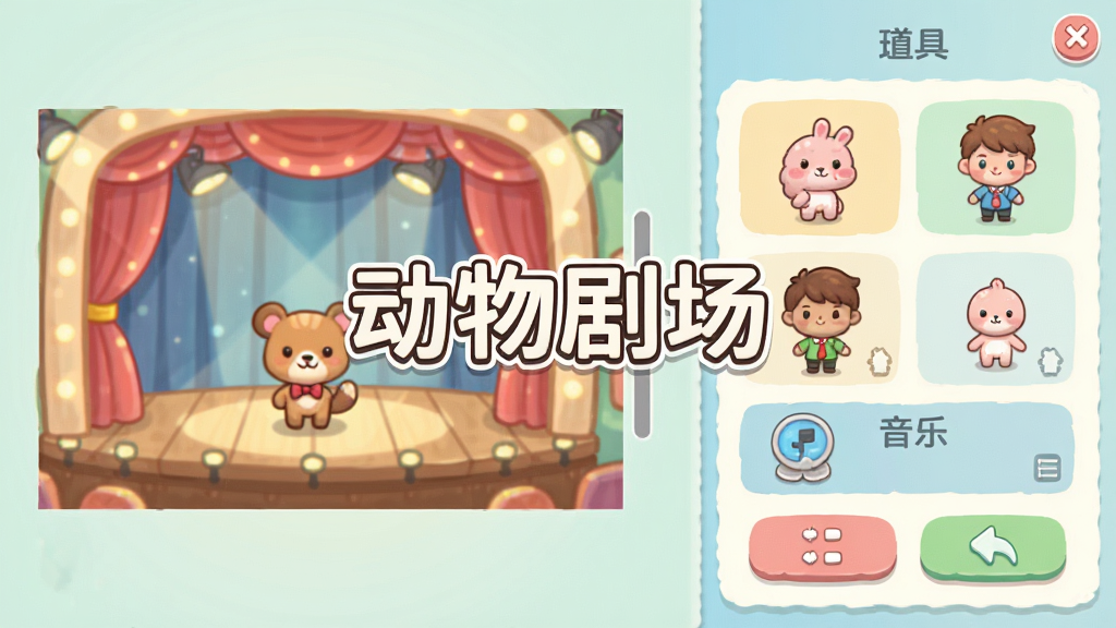 横版游戏界面截图,展示《动物剧场》的剧场编排界面,左侧是舞台预览,右侧是道具、角色、音乐等编辑选项,界面设计简洁清爽,色彩柔和,操作按钮清晰,整体风格卡通,画质细腻,干净无多余元素,图片中央有“动物剧场”字样