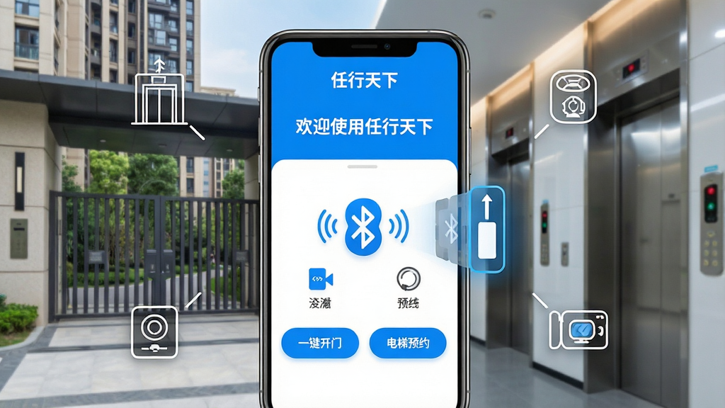 主体:智能手机屏幕显示“任行天下”APP界面,背景是现代化小区大门与电梯间,画面中央有蓝牙连接图标和门禁开启动画。布局:手机界面占据主要视觉中心,周围环绕简约的线条图标(电梯、门禁、行车记录仪)。排版:界面清爽,功能图标排列整齐,顶部有“任行天下”字样。风格:科技感、扁平化设计、色彩明亮以蓝色和白色为主。细节:手机屏幕内显示“欢迎使用任行天下”字样,界面有“一键开门”、“电梯预约”按钮。画质:高清、干净、无多余元素。