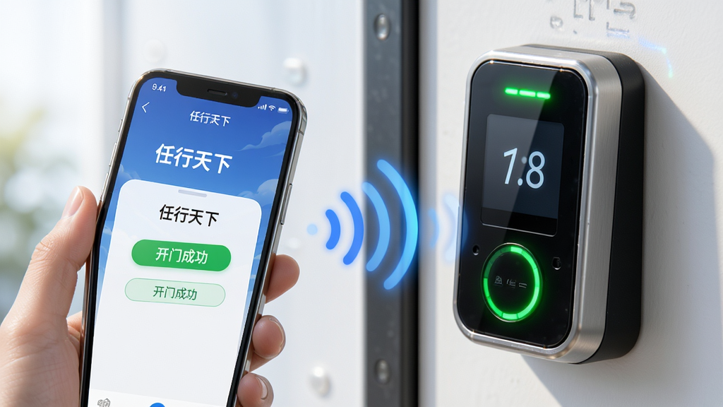 主体:手机靠近小区门禁读卡器,屏幕显示“任行天下”APP的开门界面,门禁自动打开。布局:左侧为手机,右侧为门禁设备,中间有蓝牙信号波纹连接。排版:画面简洁,突出手机与门禁的交互过程。风格:写实与科技感结合,光线明亮。细节:手机屏幕上有“任行天下”和“开门成功”绿色提示,门禁指示灯亮起。画质:清晰、细腻、干净。