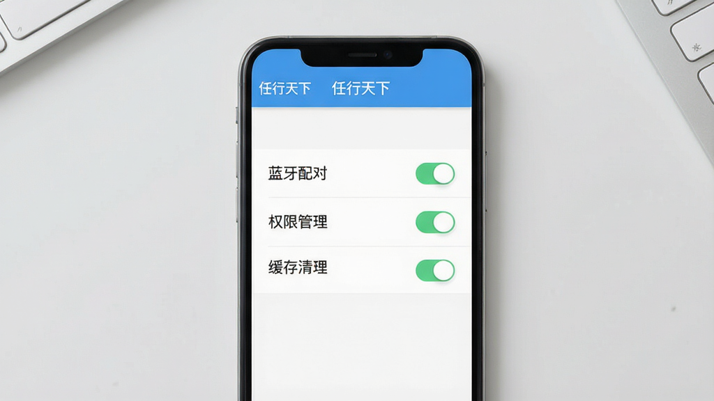 主体:手机屏幕显示“任行天下”设置界面,有“蓝牙配对”“权限管理”“缓存清理”选项。布局:手机居中,背景为浅灰色桌面。排版:界面简洁,功能列表清晰。风格:扁平化、清爽。细节:屏幕上有“任行天下”字样和几个设置开关。画质:高清、干净。