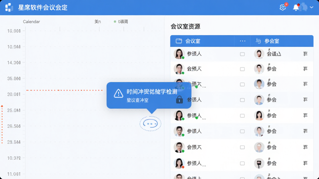 展示星席软件智能会议预定功能的界面截图,画面左侧是日历时间轴,右侧显示会议室资源与参会人列表,突出显示时间冲突检测的提示气泡,整体UI设计简洁,蓝白配色,扁平化风格,画质清晰,无多余元素